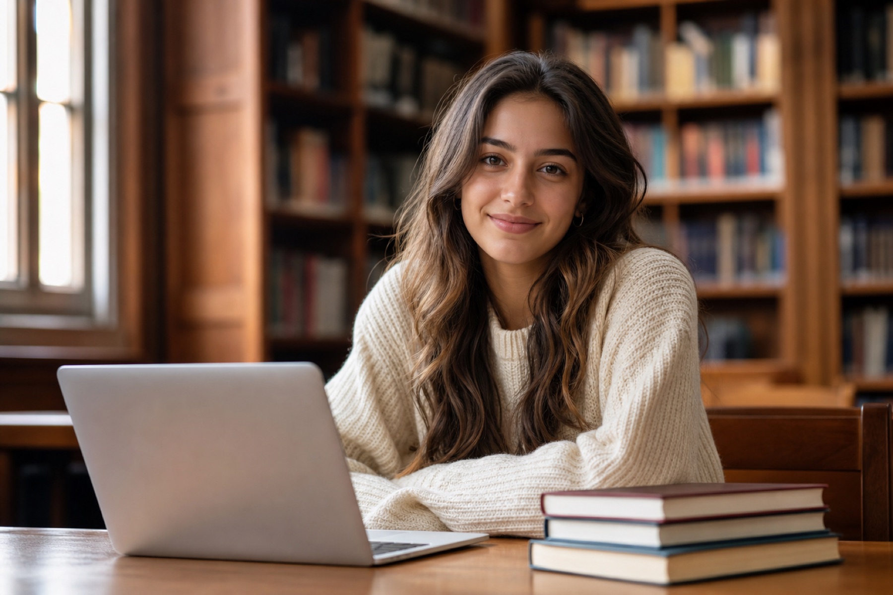 A student studying with books and a laptop in a university library